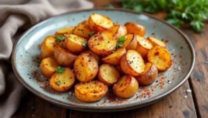 Ziemniaki obtaczam w jednej przyprawie i piekę 40 minut. Skórka chrupie, a środek jest kremowy