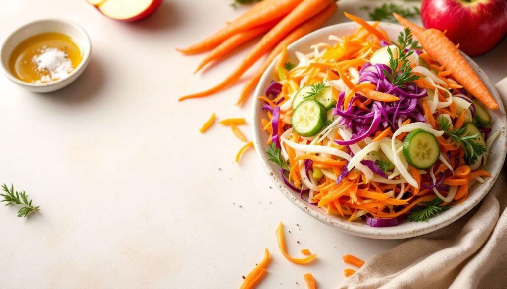 Surówka z pora do obiadu - z marchewką i jabłkiem. Smak wzbogacony ogórkiem kiszonym