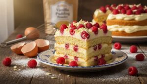 Ciasto z kremem waniliowym, malinami i białą czekoladą